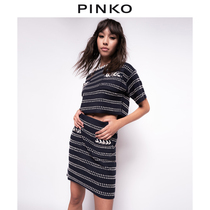 PINKO2022 spring and summer new womens clothing all-match texture striped stitching decorative short-sleeved top 1G16Y1Y7T2