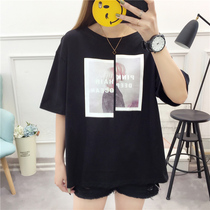 Spring and summer large size womens fat sister belly top loose casual round neck split student cotton short sleeve t-shirt women