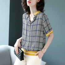 Baoshili doll collar houndstooth Chiffon short-sleeved t-shirt womens loose womens clothing 2020 new early autumn base shirt tide
