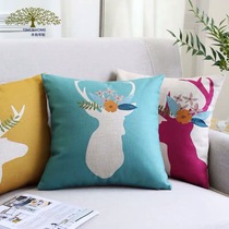 Nordic ins pillow Hand painted color deer head sofa pillow Cotton and hemp cushion cover Bedside backrest Car waist pillow