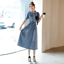 Denim dress in dress with a long section of women 2022 Summer over knee waist loose Relaxed Temperament Slim A word long dress