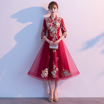 Toast Bride 2021 new wine red summer Chinese style cheongsam thin wedding dress female little man