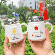 Korean mirror cover cartoon fruit ceramic cup sealed leak-proof office tea mug student gift Cup