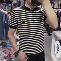 Spring and autumn season new lapel striped short-sleeved sweater male youth Korean slim-fit hipster men half-sleeve knitted polo shirt