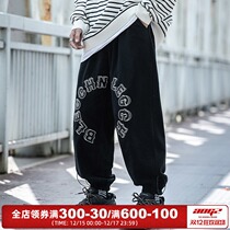 National Chao brand fleece pants mens autumn and winter New loose plus velvet padded leather patch sports tie pants