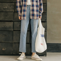  Wide leg jeans summer womens 2021 new early spring high waist straight tube thin little man thin light color nine points