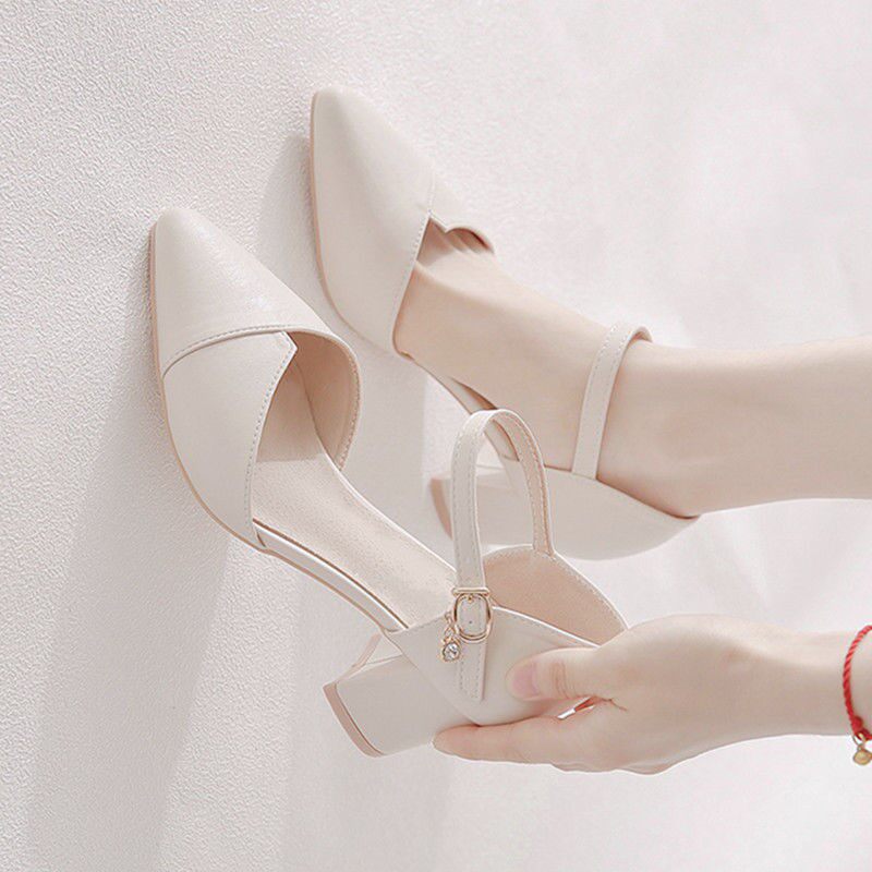 Baotou Sandal Women's Summer 2023 New Middle Heel With Rough Heels Lady Single Shoes With Lady Gentle Heels-Taobao
