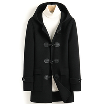 Autumn and winter new mens thick hooded horn buckle double-sided cashmere wool long wool coat coat men