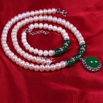 Natural fresh water pearl necklace for mother gift Jasper chalcedony 925 silver inlaid pendant pearl bracelet set