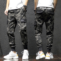 Tide brand ins letter printing camouflage hip-hop sports drawstring overalls mens Korean version of lace-up slim trousers