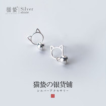 Cat sting hollow cat will ring bell S925 sterling silver earrings female Japanese and Korean fresh simple cute earring jewelry