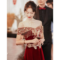 A shoulder toast for the bride wedding evening dress long atmosphere 2021 New banquet temperament wine red thin