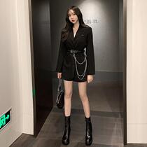 Large size black blazer womens autumn new net red loose Korean long-sleeved mid-length fat mm suit top