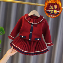 Girl Autumn Winter Dress New One-piece Dress Suit Deep Autumn Thickened Warm Children Foreign Air Princess Skirt Baby Gushed Tide