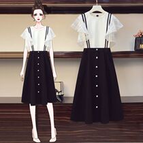 Single large size womens clothing 2020 new chubby sister foreign pistachic fashion shades of skinny braces skirt half body dress Two sets