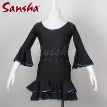 Sansha Sansha childrens Latin dance suit split long sleeve dance suit lotus leaf sleeve side double layer skirt edge