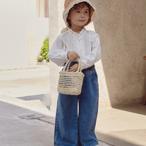 Childrens pants girls jeans foreign-based Joker trousers loose solid color leather band Cotton leisure autumn and winter tide