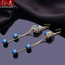 Lingda tassel earrings Korean long elegant earrings blue face thin earrings can be changed ear clip swallow return