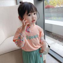 Girls long short sleeve T-shirt spring summer dress new Korean version baby hit bottom girl foreign air fake two-piece spliced blouse