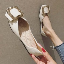 Hong Kong 2022 spring new womens shoes big code water drill butterfly knot square head shallow mouth heel and flat flat single shoe female tide