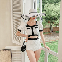 2021 new split elegant small fragrant wind high waist swimsuit women black and white color color bubble sleeve thin bikini