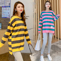 Pregnant women spring and autumn set fashion model 2021 new autumn foreign style coat long sleeve pregnant womens stripes two-piece female
