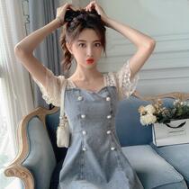 Bubble sleeve denim dress women's 2021 new summer stitching Korean thin slim square collar dress
