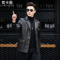 New Haining leather leather jacket mens long leather windbreaker suit suit collar cowhide leather jacket Korean suit jacket