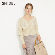 SNIDEL autumn winter sweet candy color v collar beaded flower sweater cardigan SWNT195029