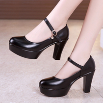  10CM first layer cowhide waterproof platform high-heeled womens shoes shallow catwalk cheongsam single shoes leather one-word shoes with round scalp