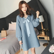 Pregnant womens coat autumn and winter fashion lantern sleeve loose tweed A- line dress woolen long tide mother dress winter