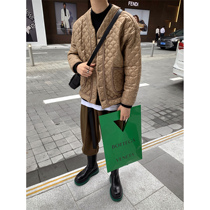 Value clearance# Net red Korean version of the trend diamond-shaped grid V-collar thin cotton-padded clothes men inner liner coat bright cotton clothing Tide brand