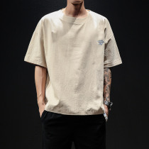 Japanese linen short-sleeved t-shirt mens embroidered loose cotton and linen body shirt mens large size trend mens cotton bottoming shirt