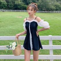 Korean INS2021 new slim and conservative student one-piece swimsuit with one-shoulder skirt