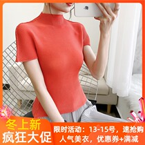 Three House pleated coat women 2021 Spring Summer new elastic pleated Joker size slim T-shirt short sleeve