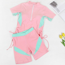 Korean girl swimsuit middle child 12-15 year old student pink sunscreen half sleeve flat angle split girl swimsuit