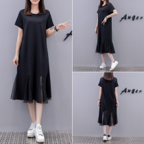 Pregnant woman over knee length dress 2021 Summer large yard Loose Casual Round Collar Temperament Net Yarn Splicing T-Shirt Dress Dress