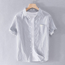 Summer stripe short sleeve mens shirt Japanese clothes casual inch shirt loose cotton hipster simple shirt thin