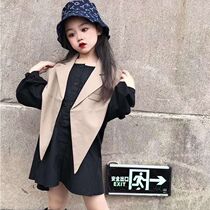 Girls fashion Korean autumn dress long sleeve dress suit collar shawl suit middle and big child foreign-style shirt Net red tide