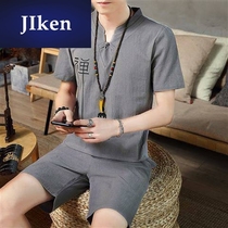 KEN flax suit mens big code casual cotton linen two sets summer china wind embroidery ice silk short sleeve shorts tide