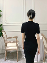 3066#14-pin delicate knock-off dress temperament retro slim round neck S-shaped thin black knit dress children