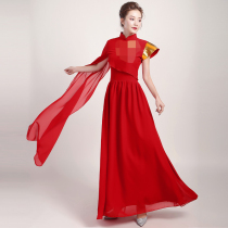 Chinese style costume female red song choir contest long dress host dress me and my motherland performance clothes