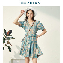 Purple Culvert Summer Dress New V collar cramping waist display slim foam sleeveless frescoed plaid one-piece dress skirt