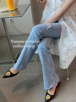 Summer Home Blue High waist Summer thin Broken Cave microhorn Jeans Woman Trendy slim Hairy side pants