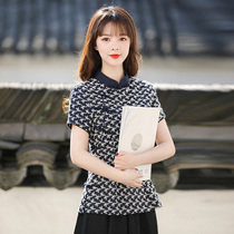 Junya Tang Dress Womens Summer China Wind Womens Clothing Qipao Blouses Short Sleeve Tea Art Costume Womens Buddhist Retro Chinese Womens Clothing