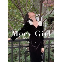 sandro asw Golden Velvet V Collar Butterfly Connector Dress 2022 Spring Han Edition Waist and Slim Dress