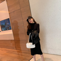 Autumn Korean version of semi-high collar slim inboard pullover long knitted dress womens bottom sweater skirt over the knee