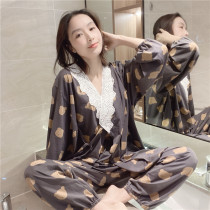 Day style kimono pyjamas female spring autumn pure cotton lace small bear family conserved big code 200 catty pregnant woman lunar subsuit suit