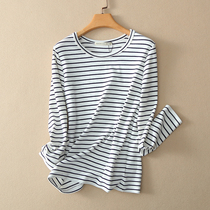 Japanese order All-in-one thin stretch slim thick cotton pinstripe T-shirt round neck long sleeve base shirt womens spring and autumn