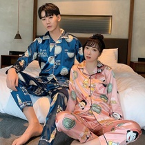 Couple pajamas ice silk womens summer long-sleeved thin cardigan cartoon suit spring and autumn mens casual home clothes